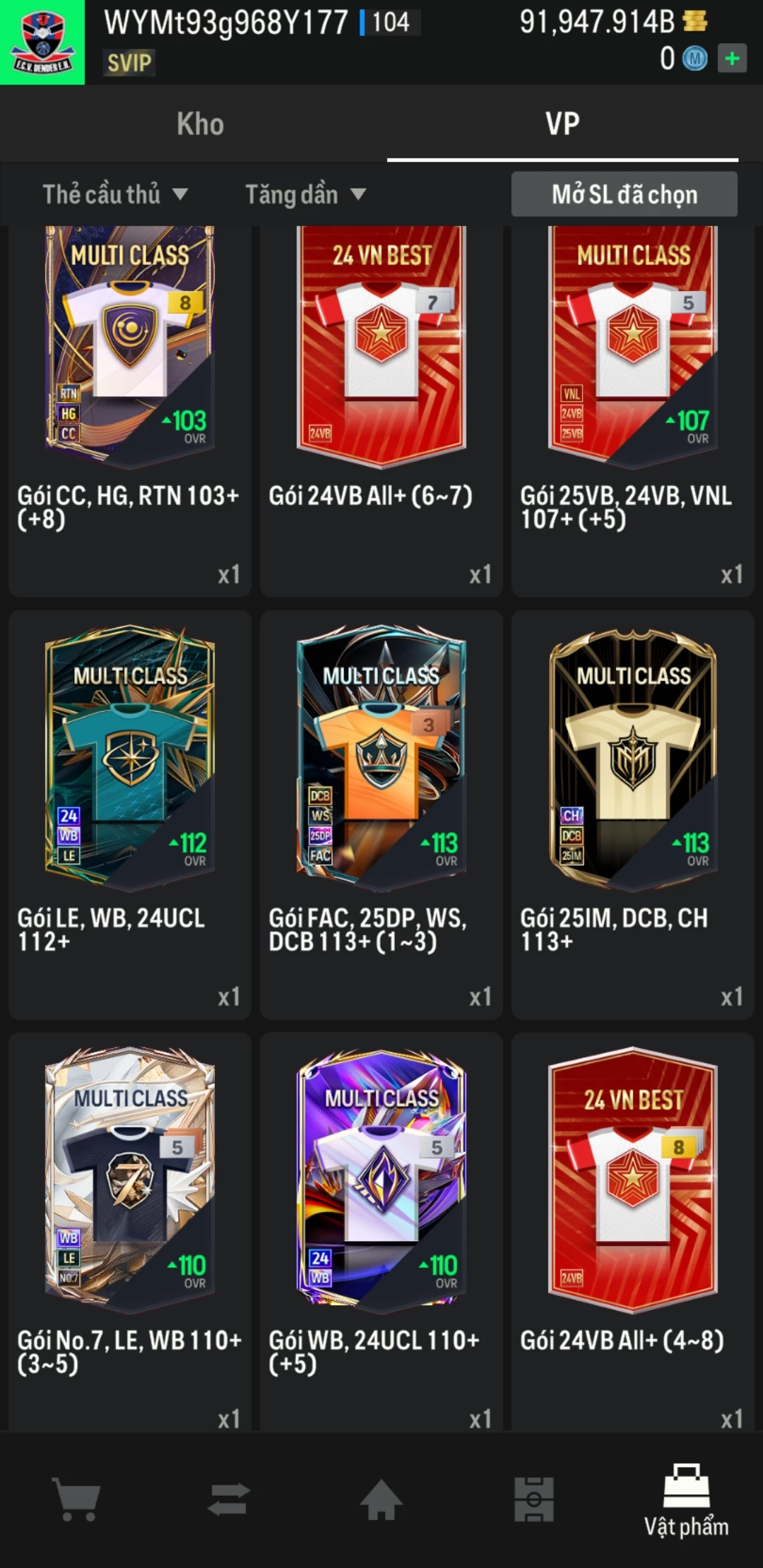 Ảnh ACC mở thẻ (LOẠI SUPER VIP) bao gồm có hơn 900+ đến 1100+ thẻ cầu thủ từ Siêu sao đến Miền núi các loại (ngẫu nhiên có: 01 thẻ +12 và 03 thẻ PRIME QH, XS, CP...) Acc có sẵn BP trắng từ 80.000 tỷ BP đến 120.000 tỷ BP kèm theo nhiều ngày SVIP